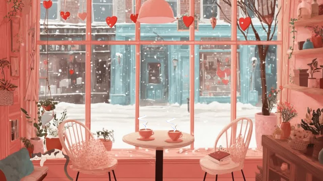 Valentine's Coffee Shop Ambience ❄️ Relaxing Jazz, Snowy Day & Sleeping Cat