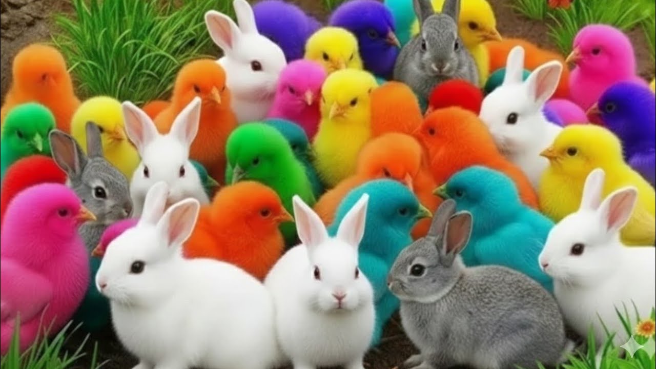 Ayam warna warni, kelinci lucu