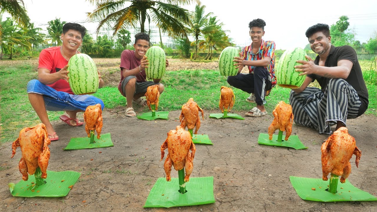 WATERMELON BUCKET CHICKEN | Chicken Cooked inside The Watermelon | Village Style Cooking