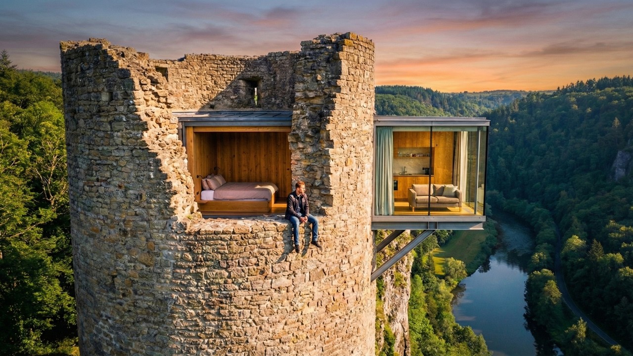 This man Built a SECRET HOUSE inside an castle tower  — Building a house in the forest (ASMR)