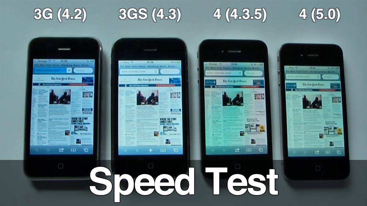 Speed test - iPhone 3G (iOS 4.2), 3GS (4.3), 4 (4.3.5), 4 (5.0)