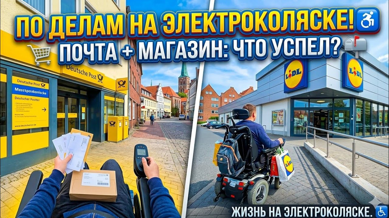 По делам на элктроколяске. Почта и магазин.