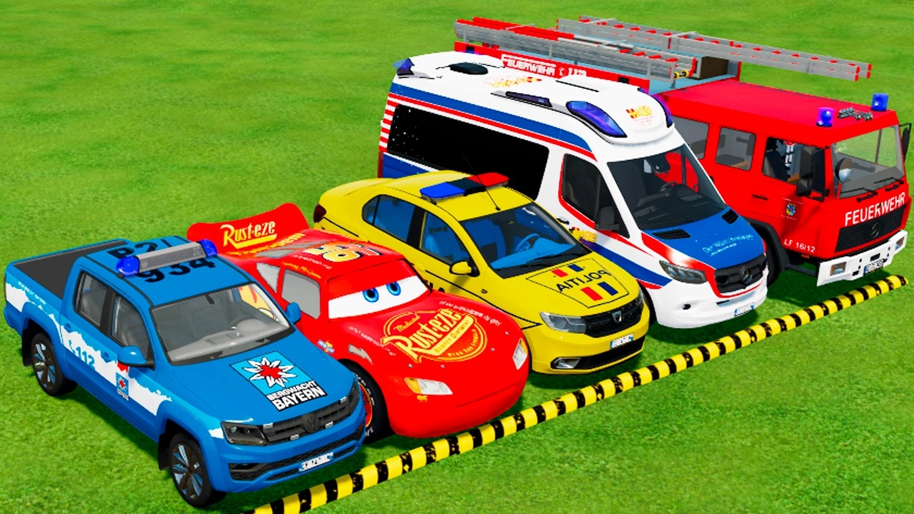 TRANSPORTING PIXAR CARS & FRUITS WITH COLORED & JOHN DEERE vs CLAAS vs TRACTORS - BeamNG.drive #983