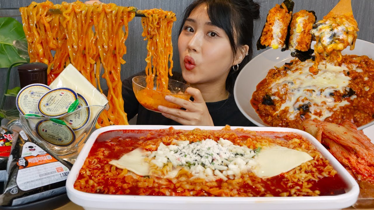 MUKBANG) 치즈 불닭볶음탕면 삼각김밥 라죽까지 해먹기🔥🧀🍜 Spicy Buldak Ramyun with Cheese asmr real sound eating