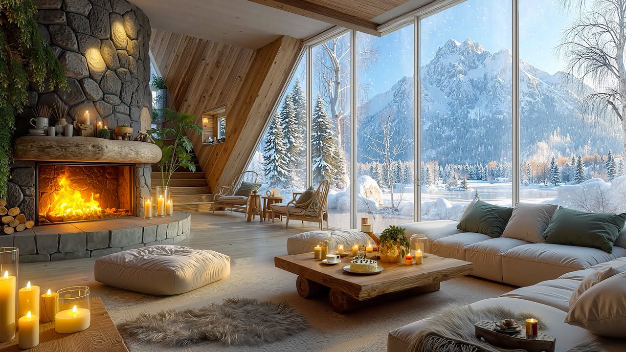Winter Morning Jazz ❄️ Cozy Lakeside Mountain Villa Living Room 🔥 Fireplace Ambience for Relax