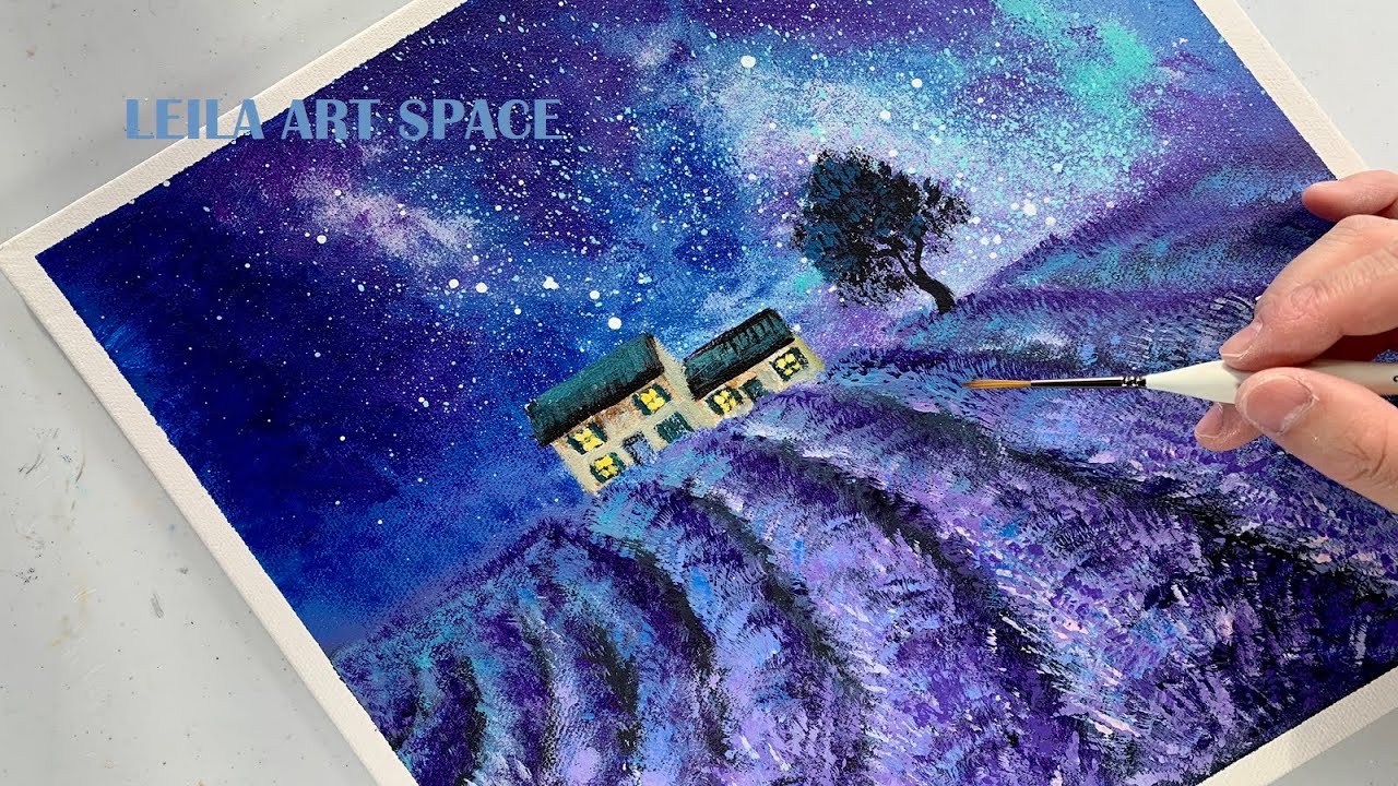 lavender field acrylic painting, Easy Galaxy Sky Painting Tutorial