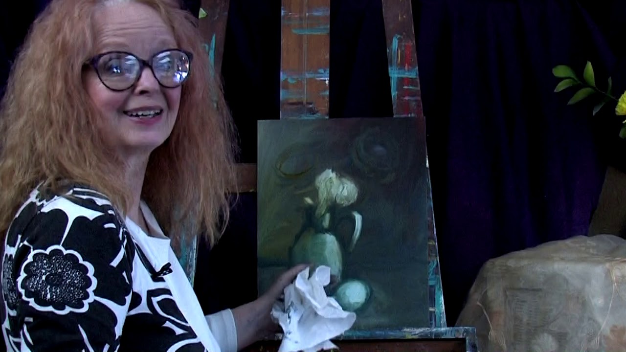 Wipe Out! Oil Painting Beginnings/ Still Life/Green Pot/Yellow Flowers