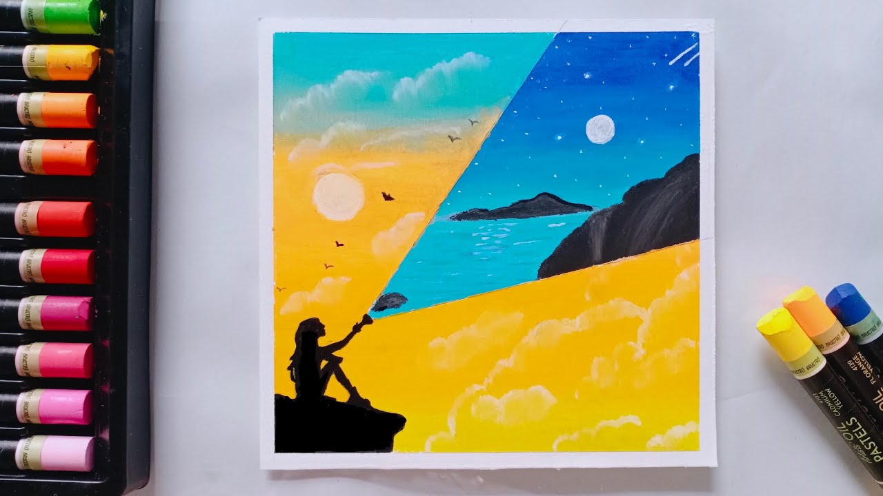 Easy oil pastel scenery drawing: How to draw two Nature in one art 🎨