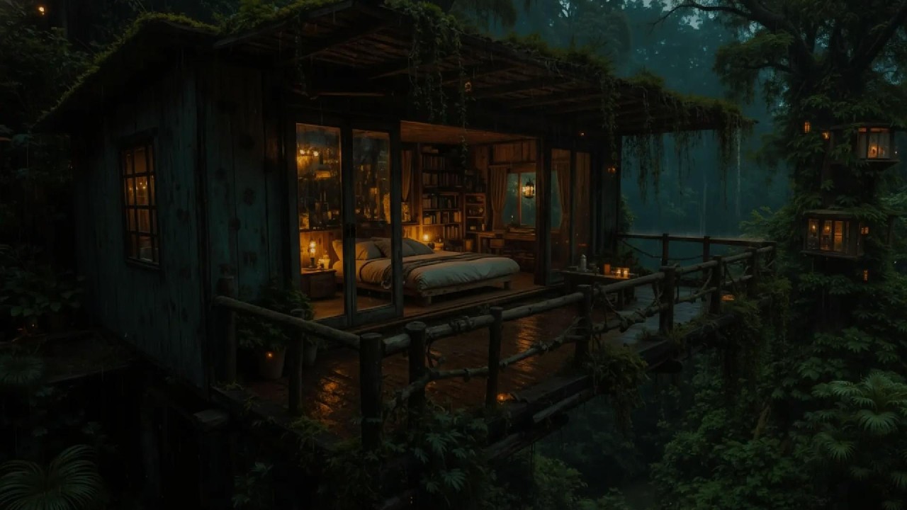 Cozy Cabin Porch in a Dark Forest 🌧️ Heavy Rain & Gentle Thunder for Deep Sleep