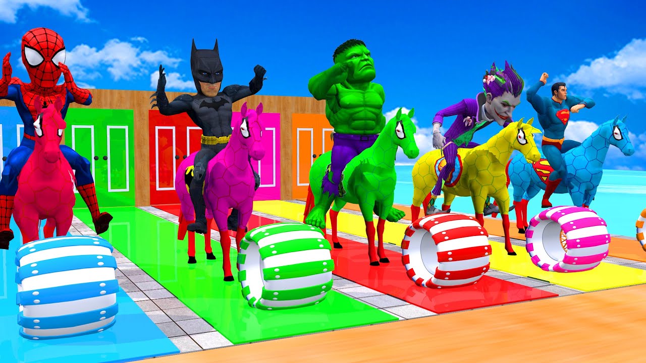 RAINBOW SPIDERS SHARKS CROSSING FOUNTAIN BY RED HORSE SPIDERMAN RESCUE WITH SUPERHEROS ANIMALS GAME
