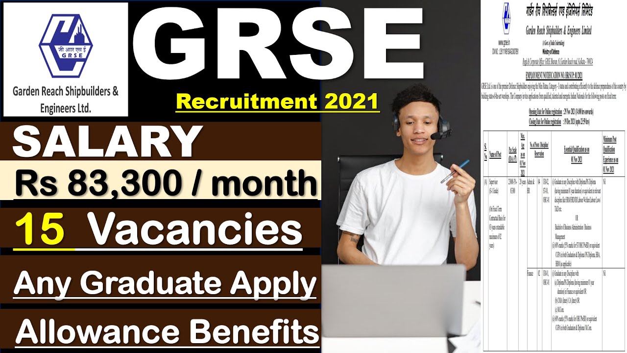 Recruitment by GRSE 2021 | Salary Rs 83,300 | Allowance Benefits | 15 Vacancies | Any Graduate Apply