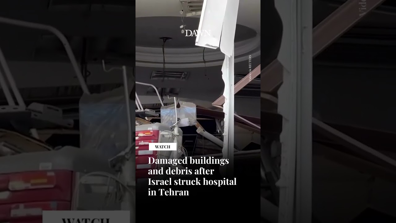 Damaged buildings and debris after Israel struck hospital in Tehran