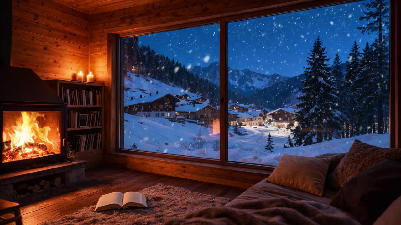 Peaceful Snowfall Outside the Cabin Window
