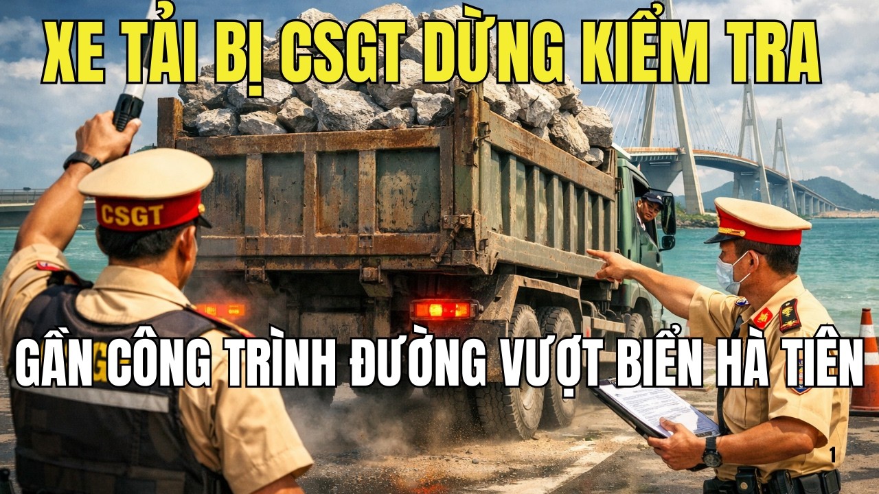 Xe tải bị CSGT dừng kiểm tra gần công trình đường vượt biển Hà Tiên