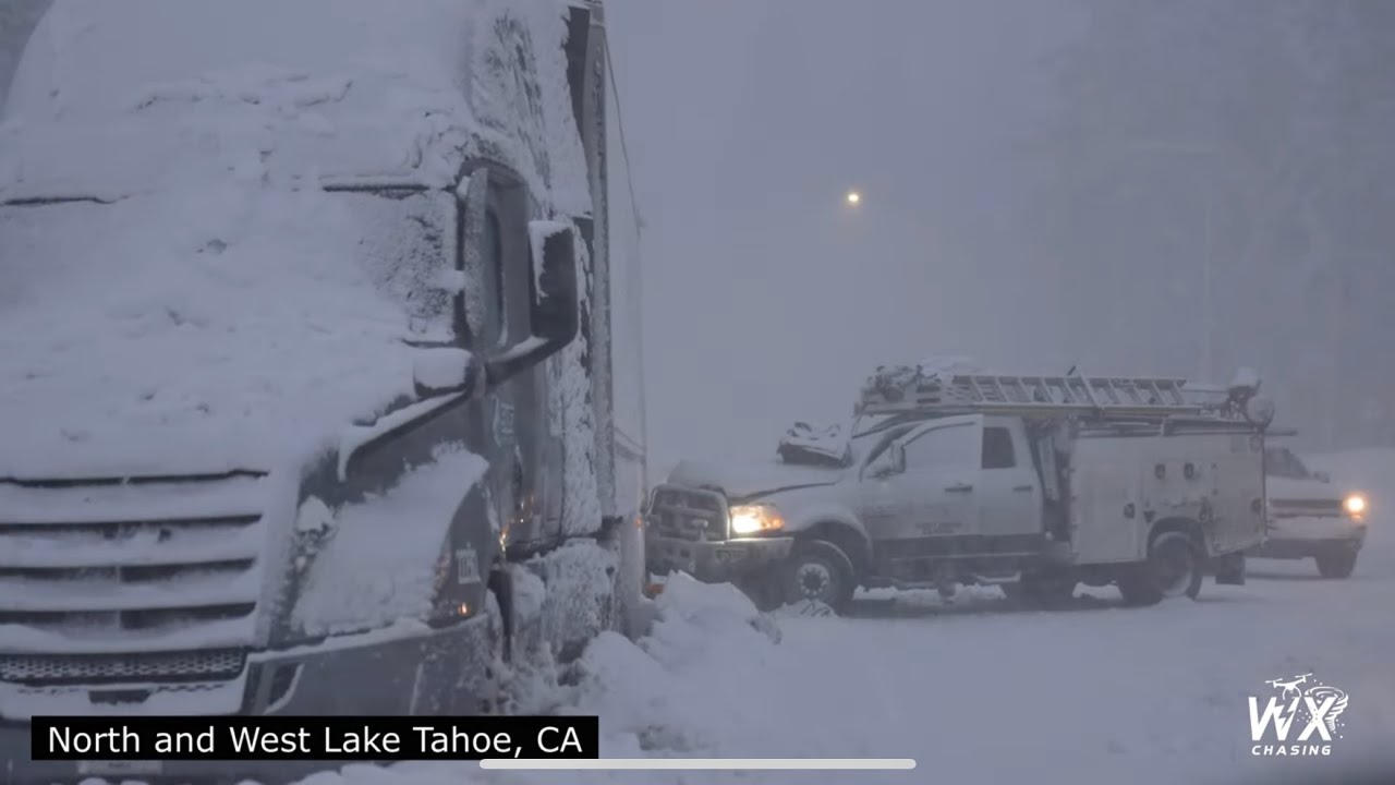 California Winter Storm Traffic  - Lake Tahoe  - Donner Pass - I80 - HWY 50 -snowy wrecks