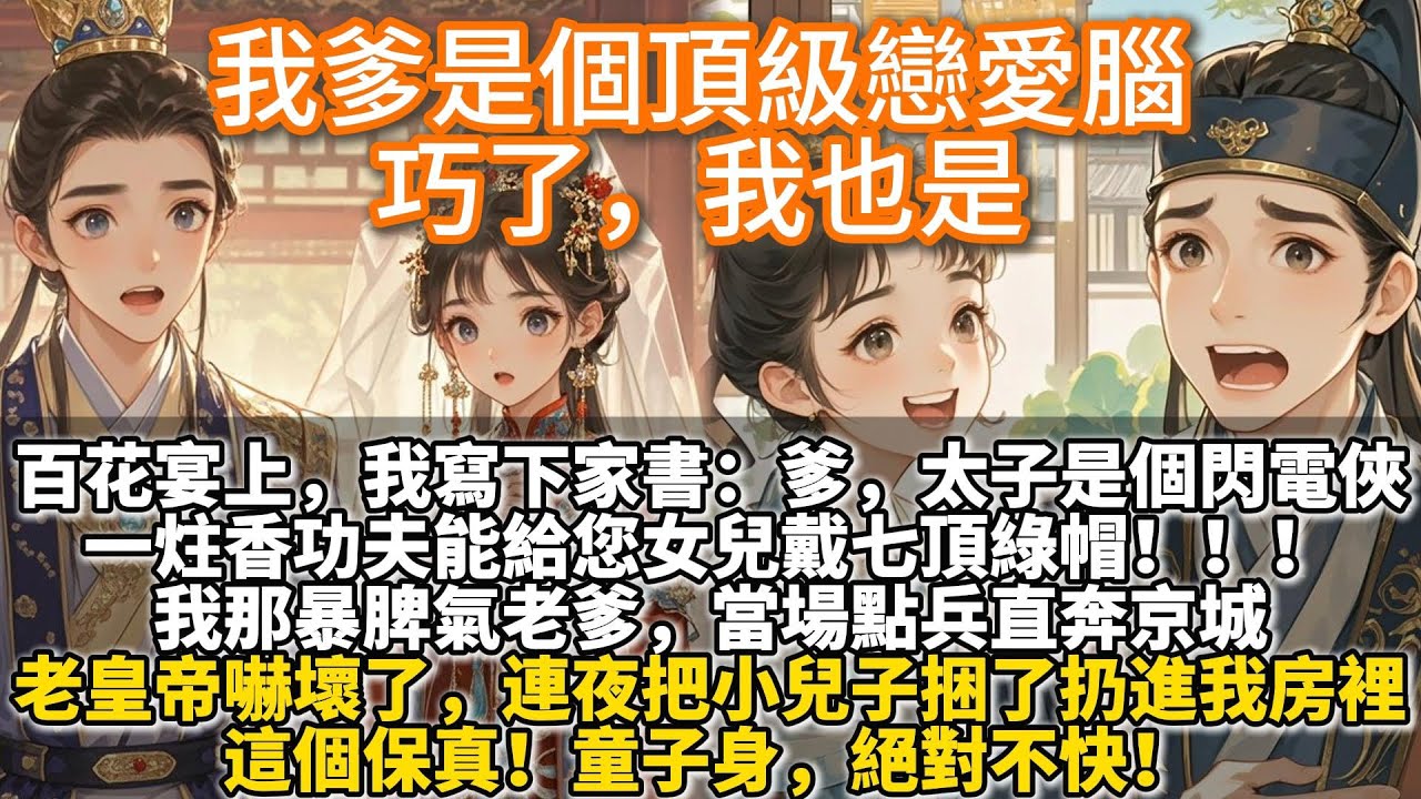 完結搞笑文：我爹是個頂級戀愛腦，巧了，我也是。百花宴上，我奮筆寫下家書：爹，太子是個『閃電俠』，一炷香功夫能給您女兒戴七頂綠帽！！老皇帝嚇壞了，連夜把小兒子捆了扔進我房裏：這個保真！童子身，絕對不快！