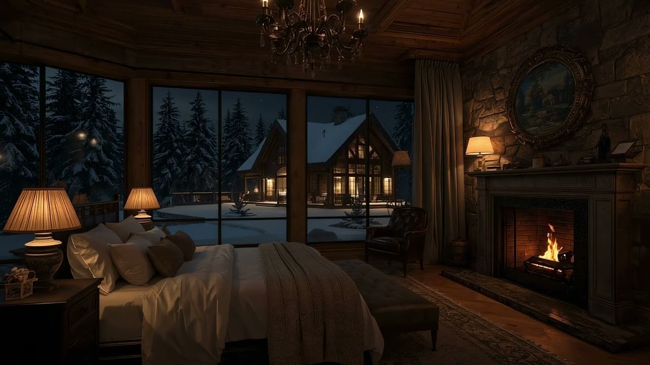 Cozy Bedroom Fireplace Night | Snowy Winter Ambience for Sleep & Relax (2 Hours)
