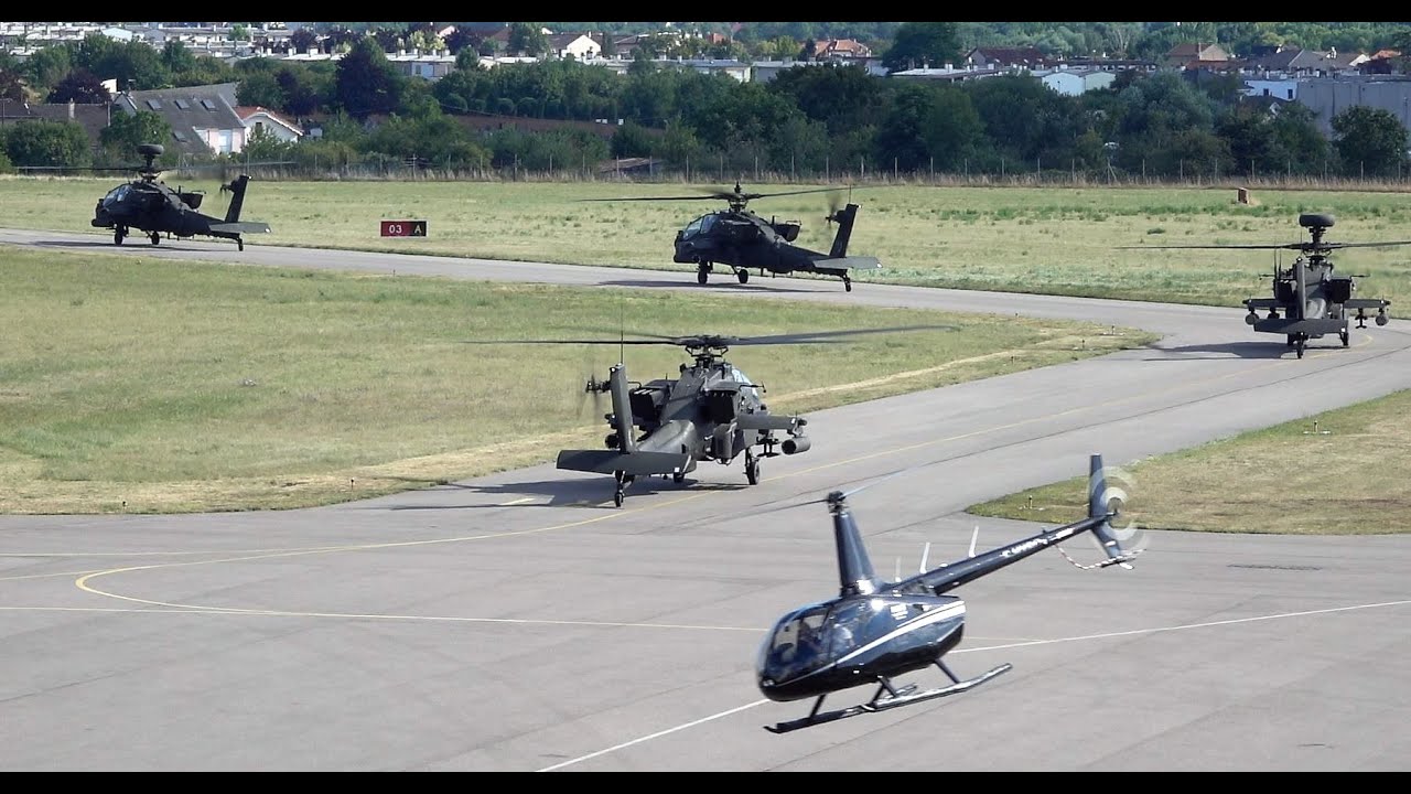 Robinson R66 F-HYBO take off and landing at Nancy Essey LFSN with Boeing Apache US Army 😲