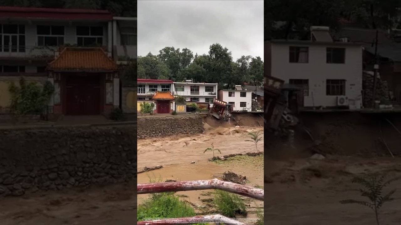 Floodwaters Undermine Riverbank and Collapse Riverside Building