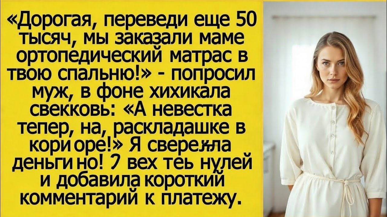 Дорогая, переведи еще 50 тысяч, мы заказали маме ортопедический матрас в твою спальню! Попросил муж.