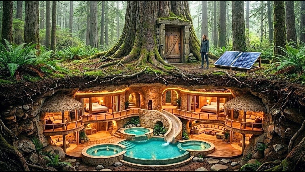 Building a house in the forest (ASMR) - This girl built a modern mini basement house all by herself