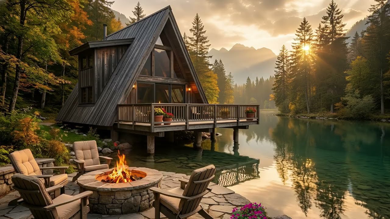 Cozy Lake Cabin Firepit  Nature Sounds for Sleep & Peace