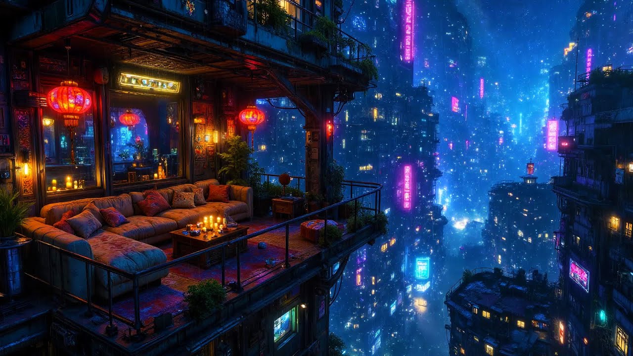 Lofi Ambient – Cozy Balcony Overlooking a Neon Cyberpunk City Rain | Focus & Sleep Beats | 4K
