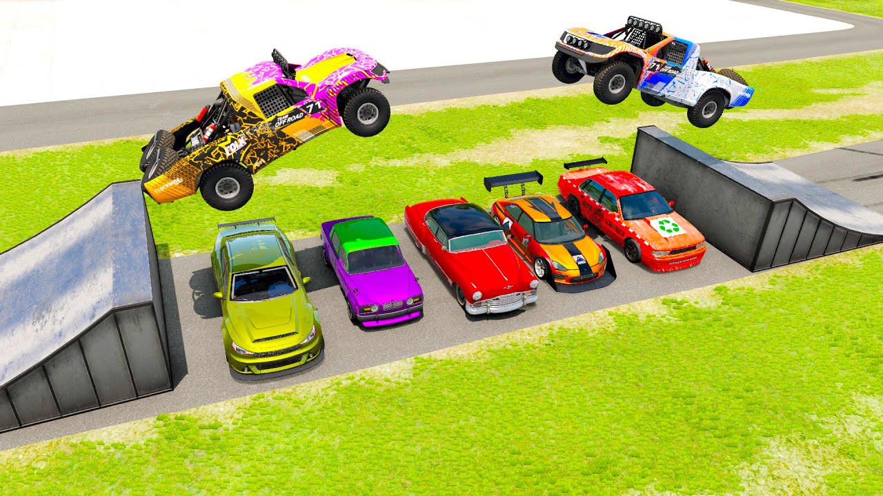 Double Flatbed Trailer Truck vs Speedbumps Train vs Cars | Tractor vs Train Beamng.Drive