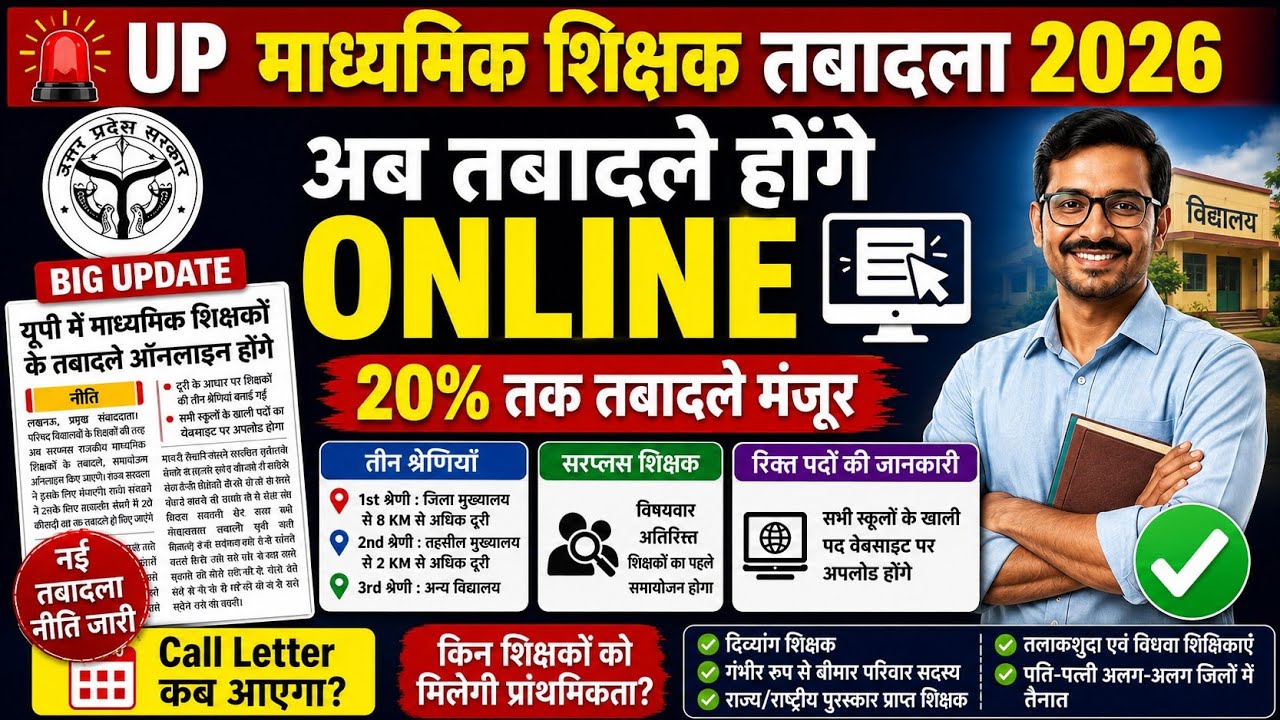 UP माध्यमिक शिक्षक तबादला 2026 | UP Online Teacher Transfer Policy लागू |नई तबादला नीति पूरी जानकारी