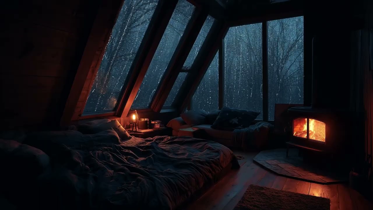 3 Hours of Thunderstorm from a Cozy Room with a Fireplace