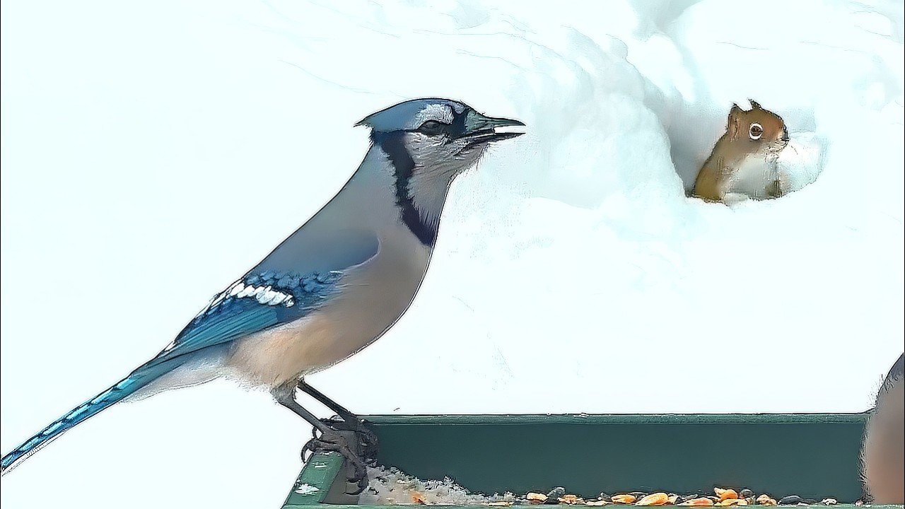 Blue Jays’ Morning Rush at the Feeder | Red Squirrels & Chickadees too