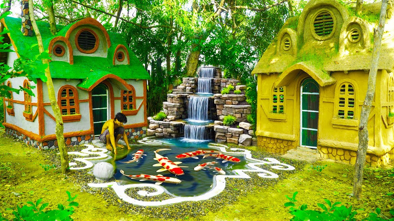 Rescuing fish, building a fish pond and waterfall from the mountain around a beautiful house