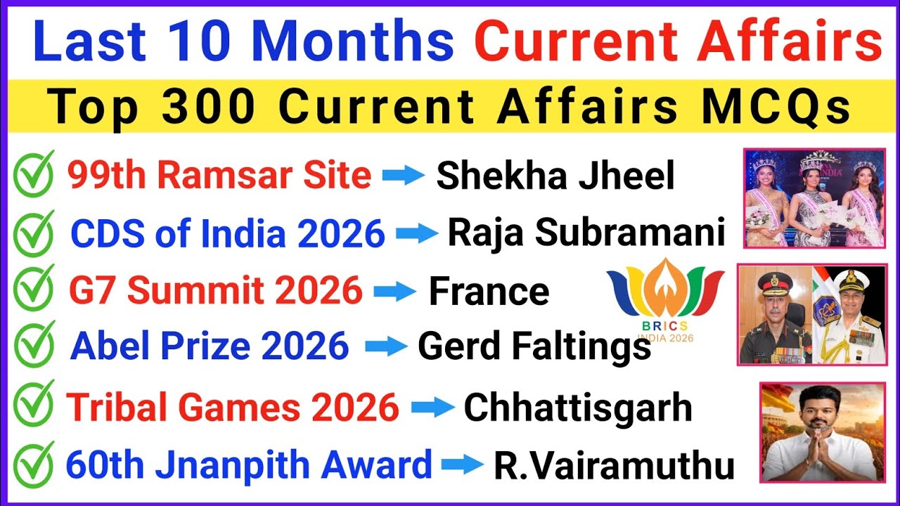 Last 10 Months Current Affairs 2026 | Top 300 Most Important Current Affairs | Current Affairs 2026