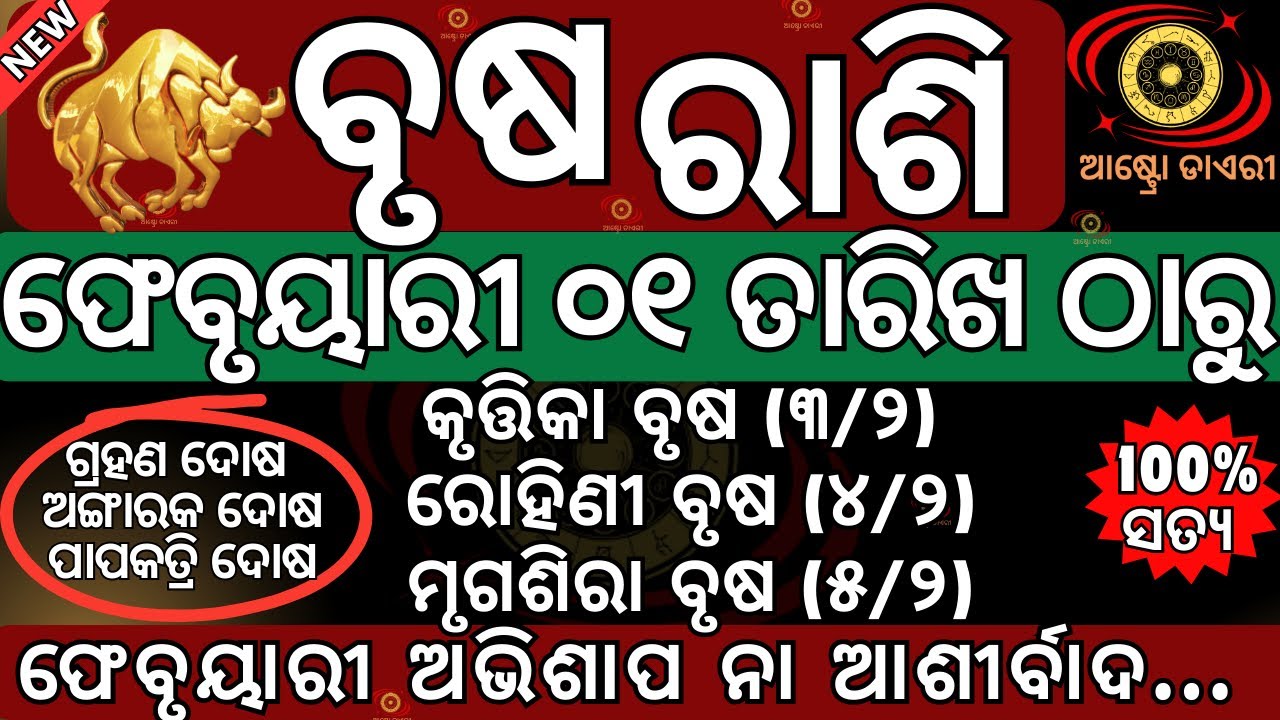 ବୃଷ ରାଶି ୨୦୨୬ ଫେବୃୟାରୀ ମାସ ୦୧ ତାରିଖ ଠାରୁ ଏହି ୩ଟି ଦୋଷ ଲାଗିବ ଆପଣଙ୍କୁ ଗ୍ରହଣ ଦୋଷ ଅଙ୍ଗାରକ ଦୋଷ ପାପକତ୍ରି