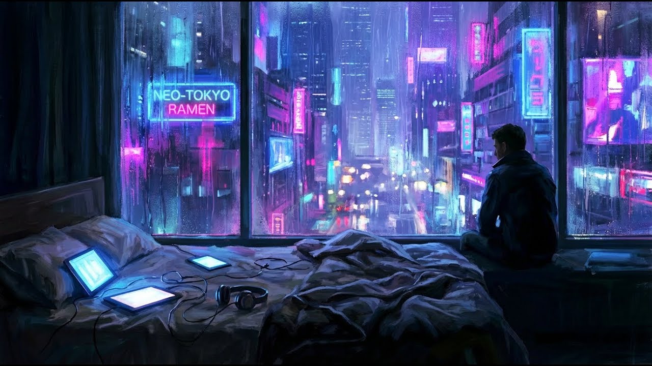 Futuristic Apartment with Neon Rain ☔ | Cyberpunk City Ambience for Sleep | Lofi Sci-Fi