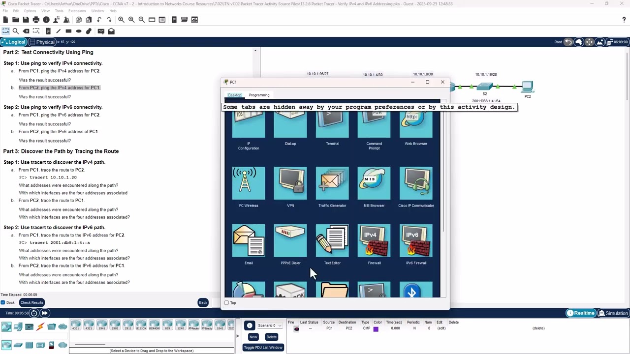 CCNA1-ITNv7 - 13.2.6 Packet Tracer - Проверка адресации IPv4 и IPv6