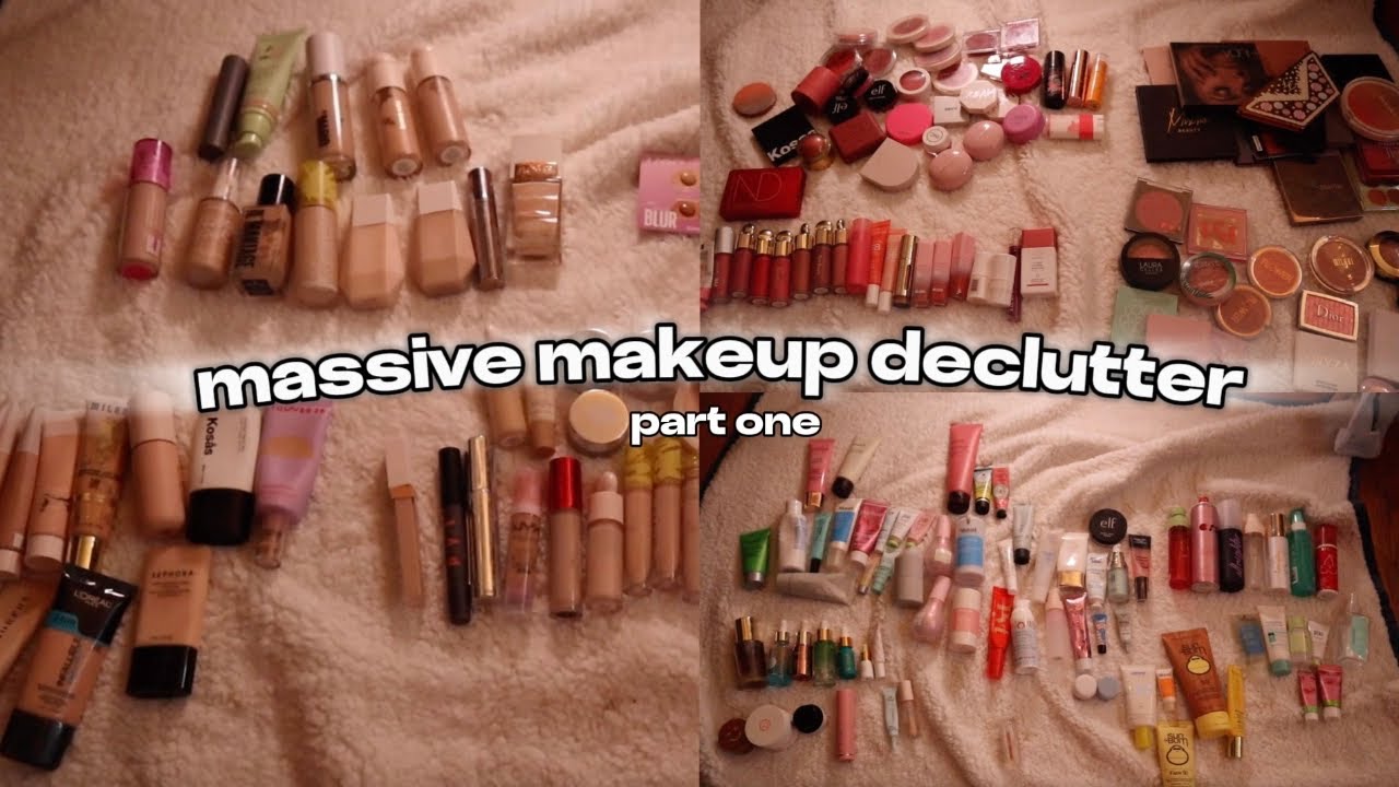 MASSIVE MAKEUP DECLUTTER part one // skincare, foundation, concealer, blush, setting powders