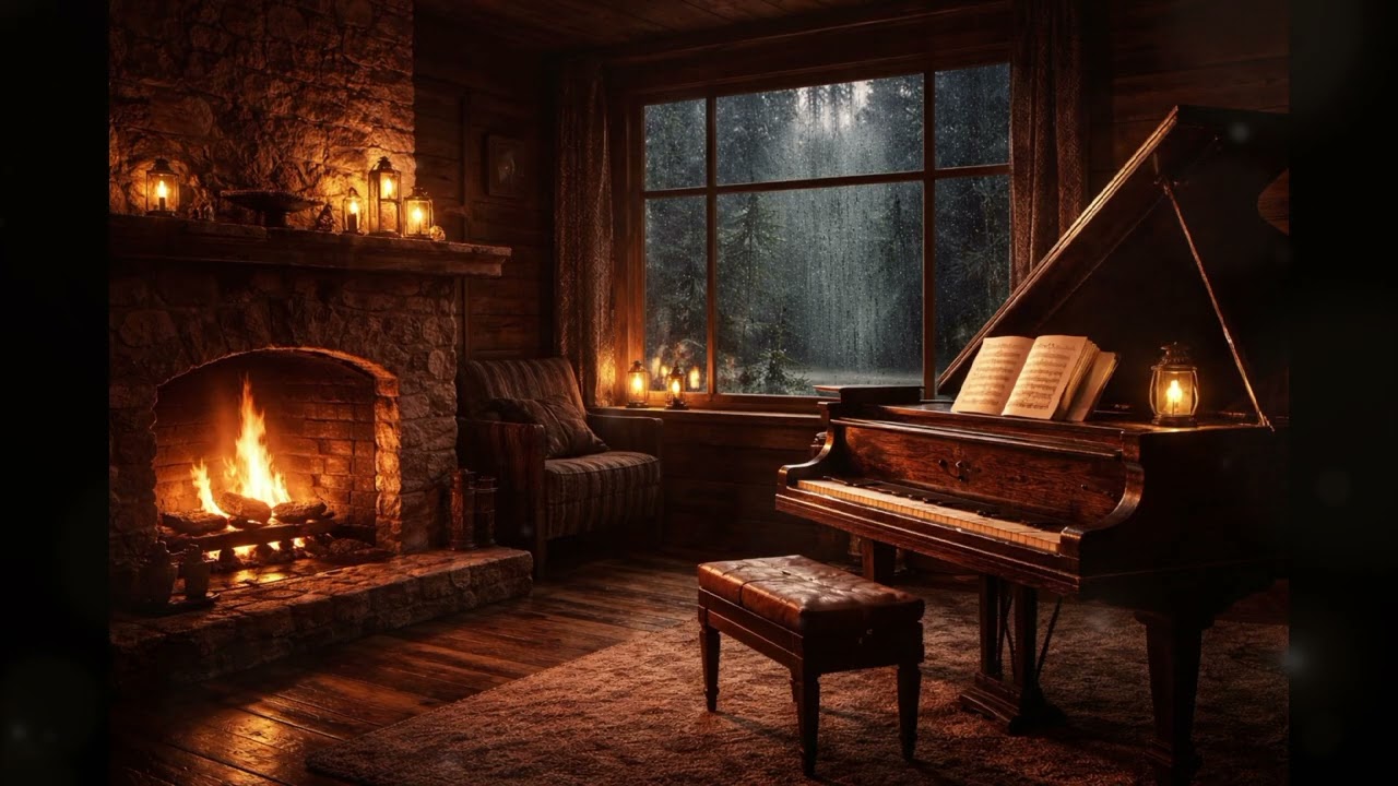 Warm Fireplace Piano Night  Rain Outside the Cabin Window for Deep Sleep
