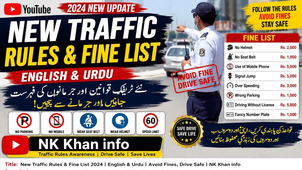New Traffic Rules & Fine List 2026 Pakistan | English & Urdu | Latest Challan Rates | NK Khan Info.
