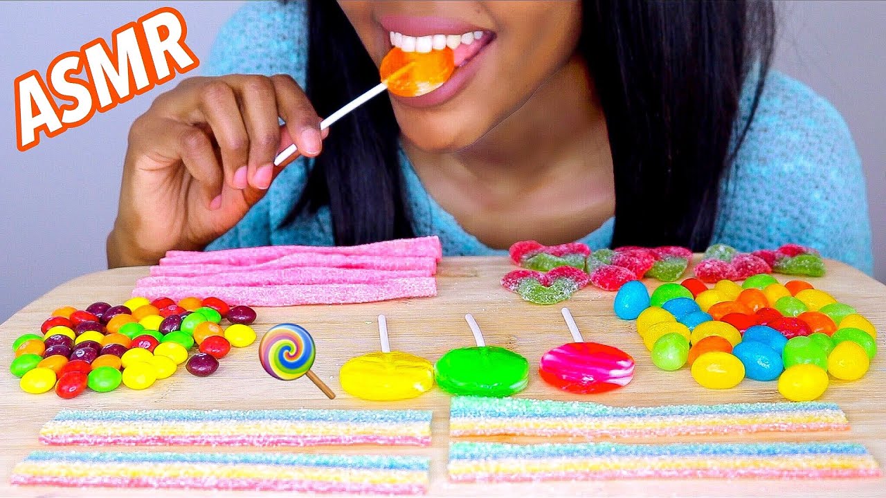 ASMR CANDY PARTY - Rainbow Candy, Skittles, Lollipops, Sour Straws MUKBANG (No Talking)EATING SOUNDS