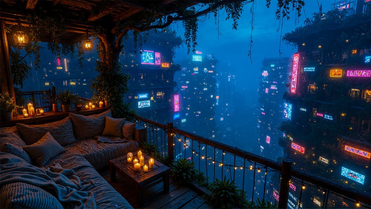 Cozy Balcony Above a Neon Cyberpunk City | Warm Lights & Futuristic Night Atmosphere | 4K