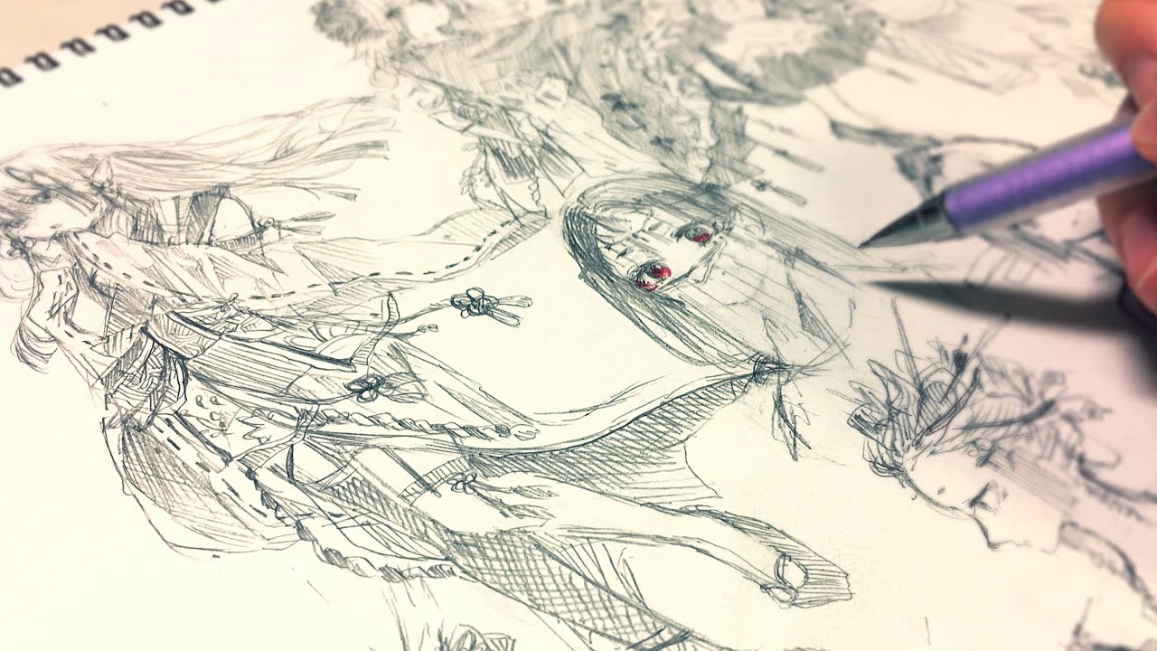 【アナログ】自由に〜人外･和風少女描いてみた🍊Draw Japanese style girls【1ページ】