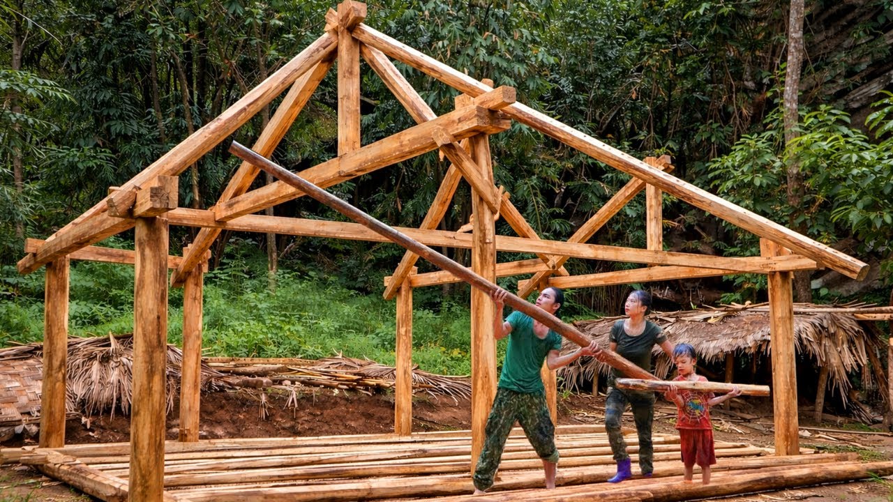 Helping My Husband and Kids Build a Wooden House | Family Farm Survival Life