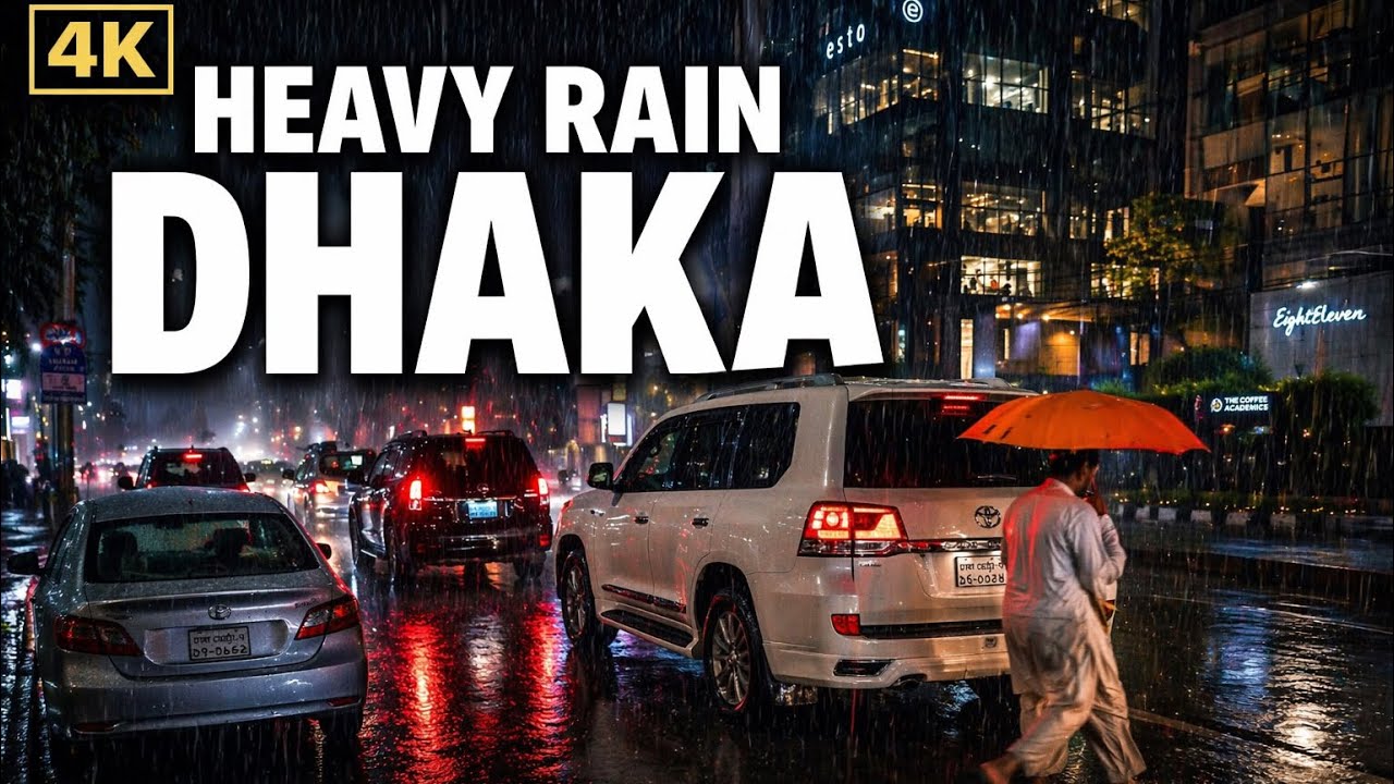 Rain Night Walk in Dhaka Bangladesh 🌧️| Thunderstorm City Ambience | 4K Relaxing Street Sounds