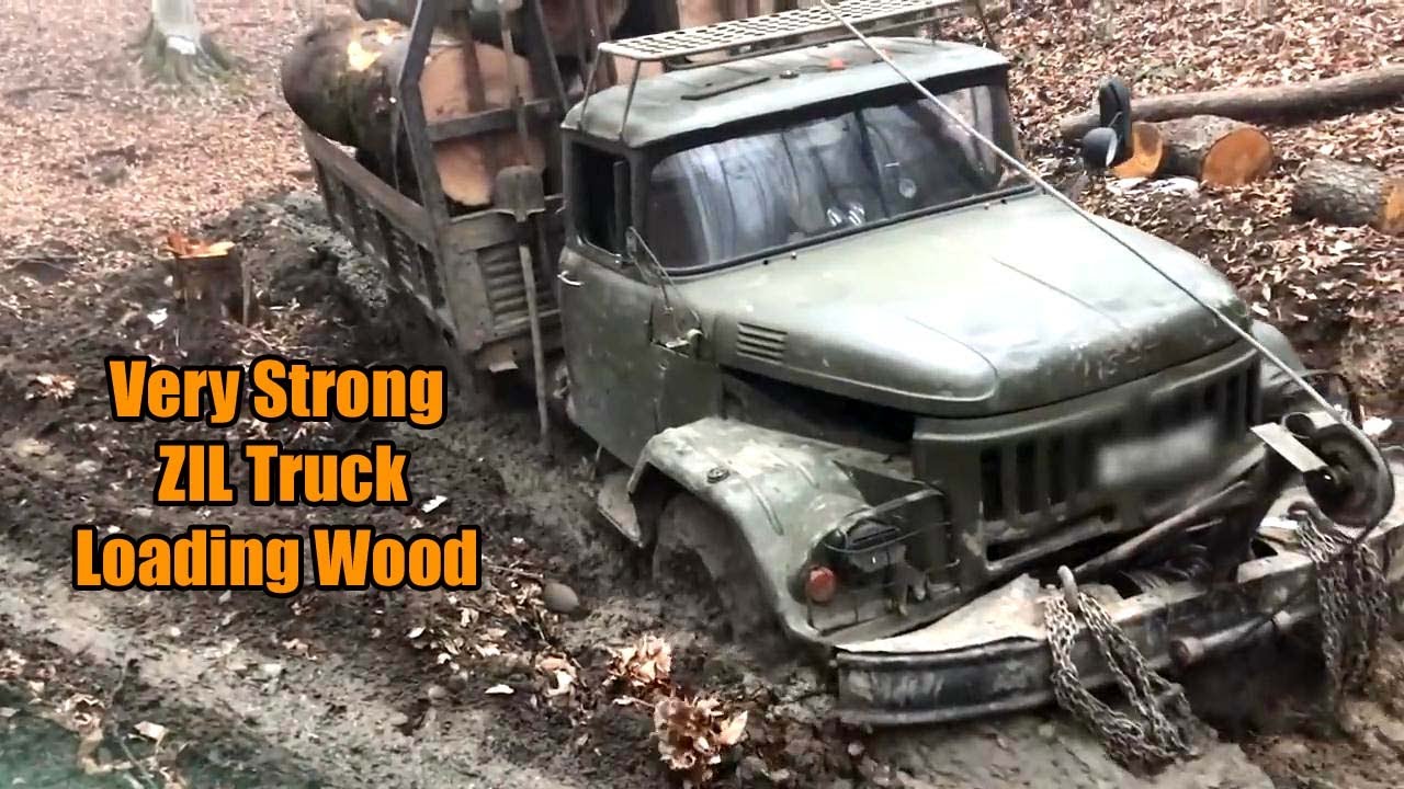 Very Strong 6x6 Truck ZIL Road Mud Loading Wood in The Forest