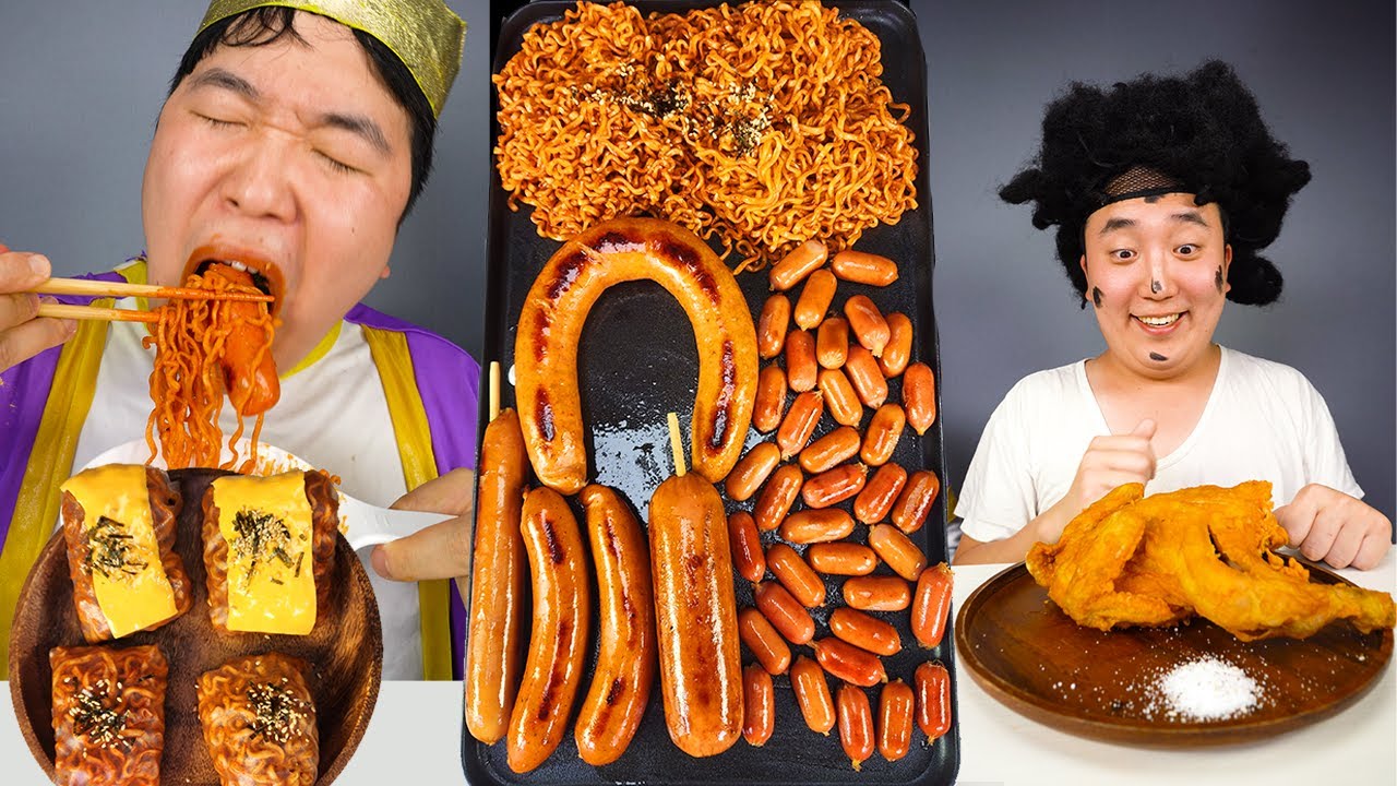 ASMR MUKBANG| обертка из рисовой бумаги с огненной лапшой. колбаса, венская, откровенная колбаса