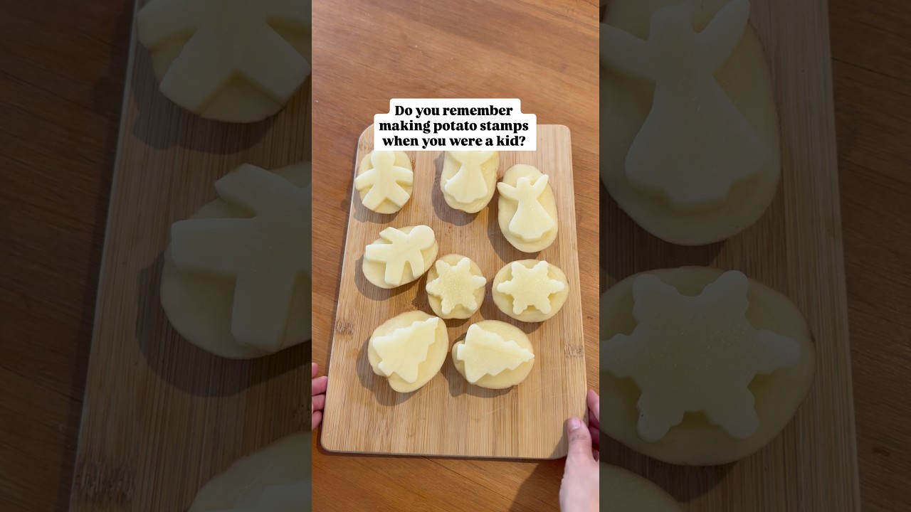 Potato stamp gift wrap… for more…  our Thriving Christmas Creations book has 50+ ideas just like it.
