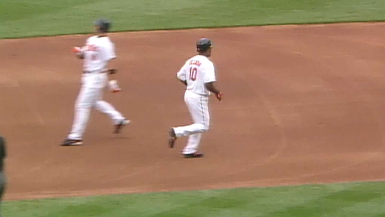 LAA@BAL: Tejada passes Lopez on basepaths on HR trot