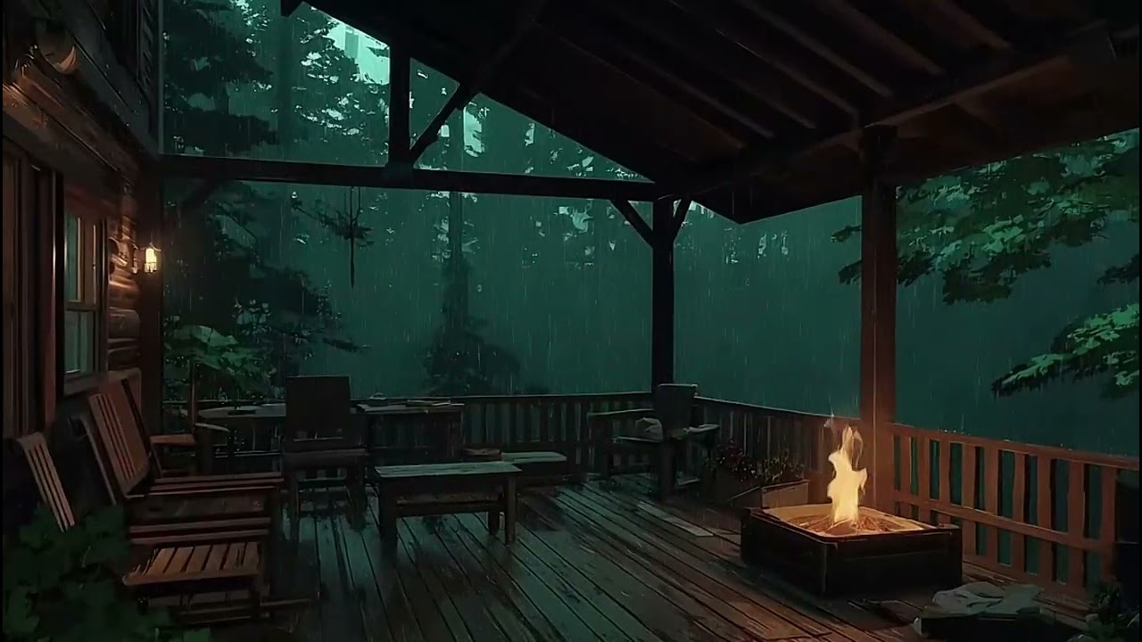 Relaxing Rainy Forest View from a Cozy Cabin Porch | Midnight Fire Pit Sounds for Deep Calm