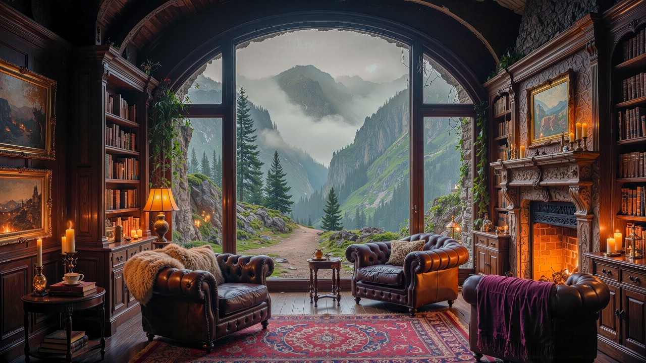 Scottish Library Cozy Ambience – Fireplace, Celtic Music & Rainy Highlands Sounds - Reading & Sleep